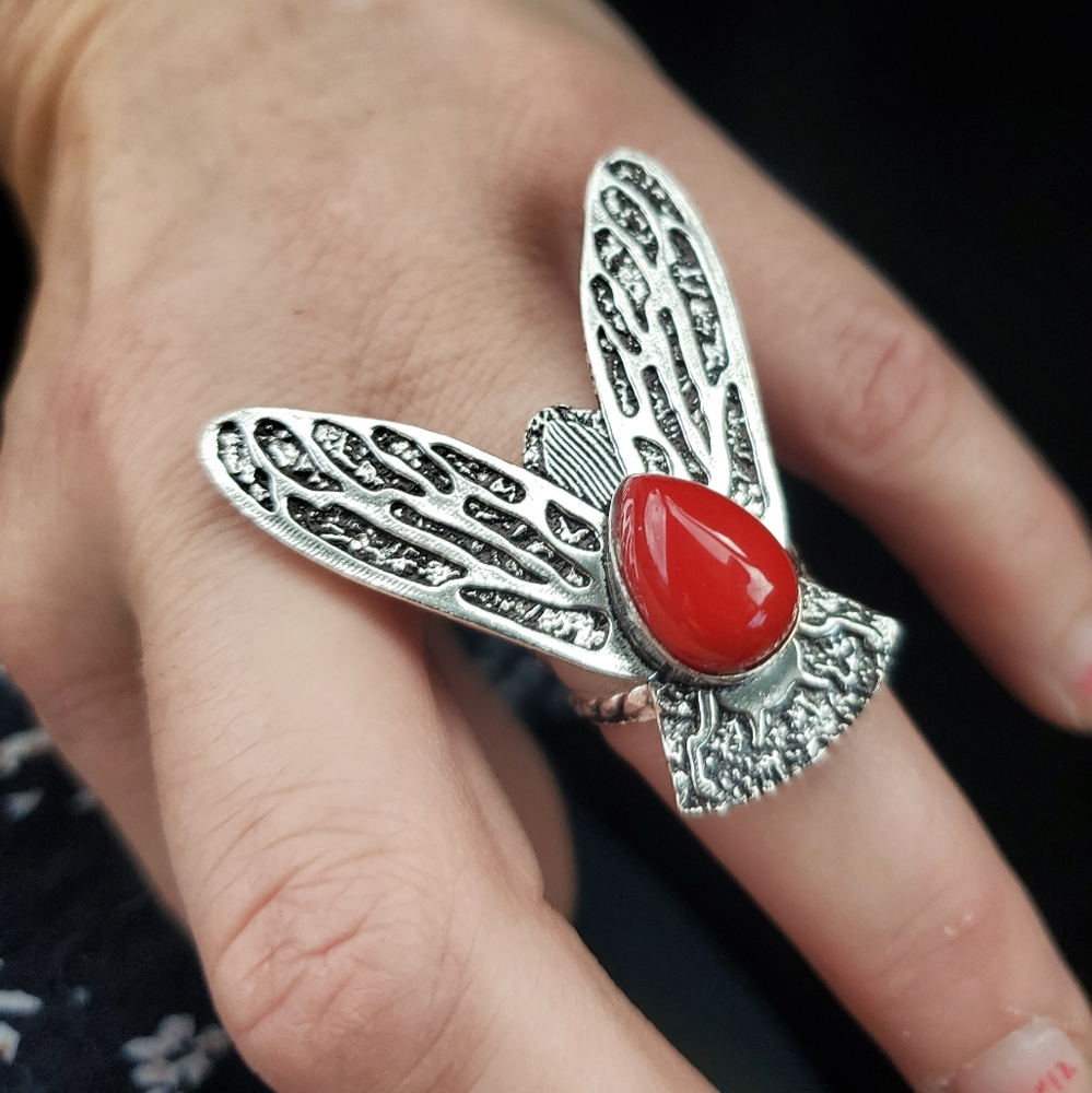 New Coral Flying Insect Silver Ring.